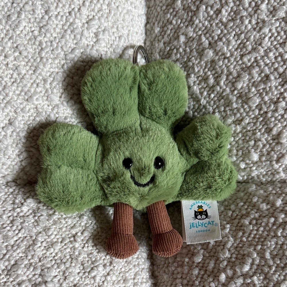 Jellycat Green Plush Shamrock Keychain with Brown Corduroy Legs